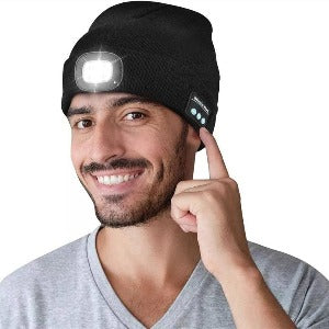 Gorro de Lã com sinalizador led, com carregamento USB e fone de ouvido Bluetooth, para audição de música